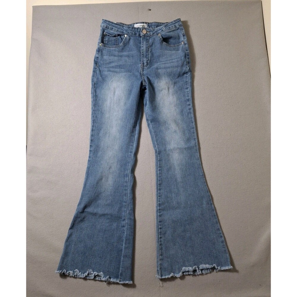Almost Famous Lace Up Flare Jeans Womens 7 28x31 Boho Raw Hem High Rise Denim